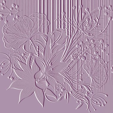 Kabartmalı 3 boyutlu güzel pembe desenli çiçek. Dokulu kabartma bitkileri çizgili arka plan. Vektör arkaplanını tekrarla. Kabartma çiçek yaprakları. Kabartma efektli 3D modern süsler. Grunge dokusu.