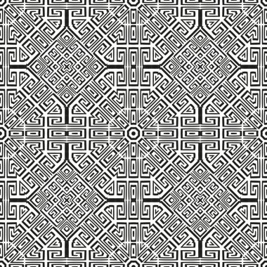 Siyah ve beyaz geleneksel etnik kabile tarzı, kusursuz Yunan modeli. Vektör süsleme Yunan arka planı. Arka planı tekrar et. Geometrik dolambaçlı süsler. Modern simetrik soyut tasarım.