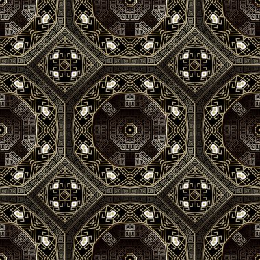 Yunanistan 'ın lüks altın rengi kusursuz deseni. Kabile etnik geçmişini tekrar et. Yunanlılar altın çizgileri süslüyor. Geometrik modern tasarım. Sonsuz doku. Mandalas, eşkenar dörtgen, çerçeve.