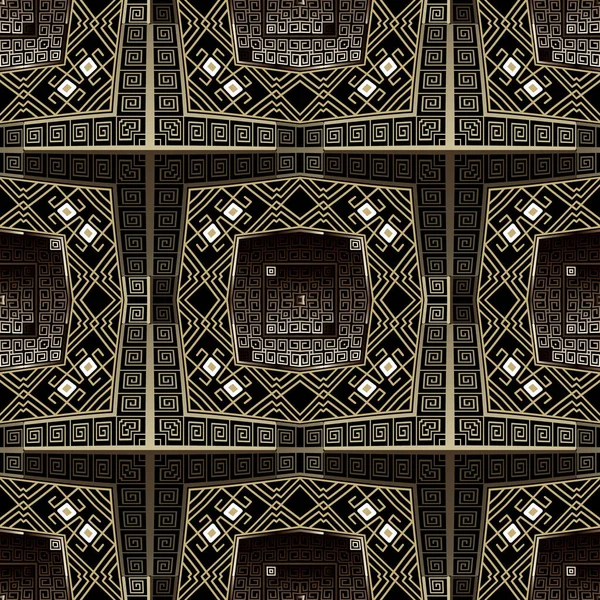 ギリシャの高級3Dゴールドシームレスパターン 民族的背景を繰り返す ギリシャのミーダーの飾り 幾何学的なモダンなデザイン 無限のテクスチャー 正方形のフレーム ジグザグのライン 形が付いている流行のパターン — ストックベクタ
