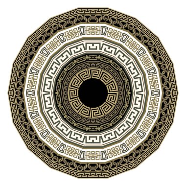 Yunan Kelt tarzı, zincirli, çerçeveli, kenarlı yuvarlak mandala deseni. Kabile etnik vektör geçmişi. Yunan anahtarı, dolambaçlı altın çizgiler süsü. Geometrik modern, beyaz üzerine izole edilmiş güzel tasarım.