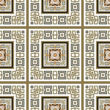 Kare çerçeveler, sınırlar, çizgiler ve çizgilerle Yunan kareli vektör deseni. Kabile etnik geçmişini tekrar et. Yunan anahtarı, dolambaçlı altın çizgiler süsü. Geometrik modern tasarım. Sonsuz doku.