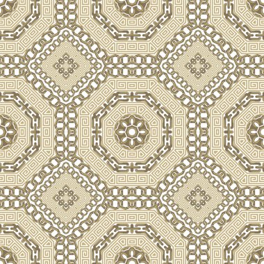 Yunan süslemeli simetrik zincirleri kusursuz desen. Kabile etnik tarzı, çiçekli vektör arka planı. Renkli arkaplanı tekrarla. Yunan anahtarlı güzel geometrik süsler, parkurlar, zincirler.