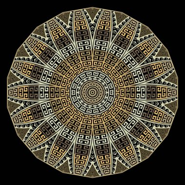 Mandala. Eski Yunan tarzı süs mandala deseni. Renkli vektör arkaplanı. Güzel, modern mandala süsü Yunan anahtarı, asma kat, çiçekler. Radyal mandala tasarımı.