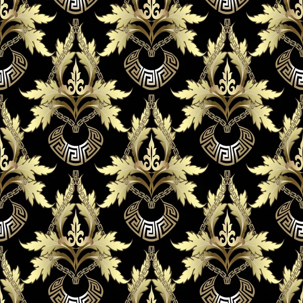Золотой Барокко Цветочный Бесшовный Узор Цепями Цветами Листьями Золотистыми Греческими — стоковый вектор