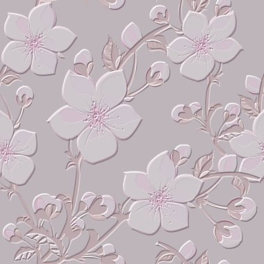 3D desenli kabartmalı sakura çiçekleri pürüzsüz desen. Güzel desenli çiçek rahatlama arka planı. Kabartma çiçek arkaplanını tekrar et. 3D bitmeyen sanat yüzeyi kabartma çiçekleri süslemeleri.