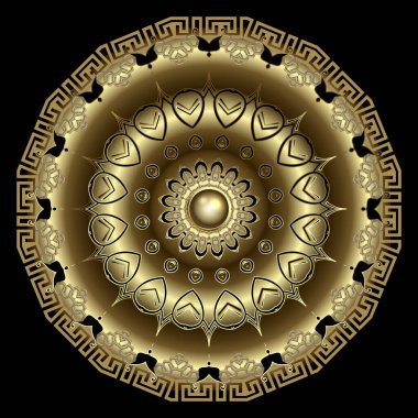 3D siyah ve altın yuvarlak, Yunan tarzı klasik mandala desenli. Süslü vektör arka planı. Süslü çiçek mandala. Lüks modern süsler. Yunan kilit oyuncuları. Güzel desenli yüzey dokusu.