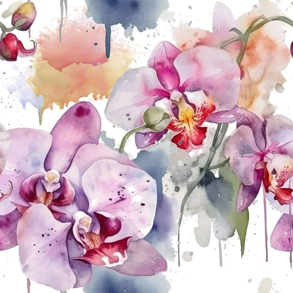 Orchideen Aquarell Schöne Bunte Orchideenblüten Nahtloses Muster Aquarell Romantischen Hintergrund — Stockvektor