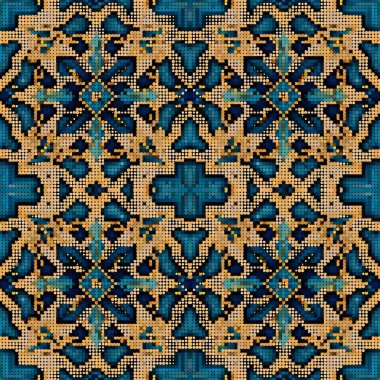 Noktalı, çiçekli, etnik, pürüzsüz bir desen. Yarım ton dairesel vektör dokulu arka plan. Modern goblen noktaları mozaik süsler etrafında dönüyor. Sonsuz doku. Noktalı yarım tonlu nakış arkaplanı tekrarla.