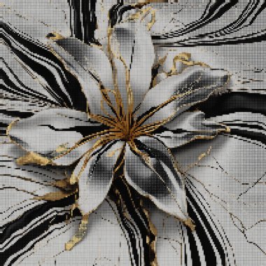 Yarım tonluk piksel sanat çiçekli mozaik üç boyutlu zambak deseni. Yarım ton desenli kareler mermer vektör arkaplanı. Modern dijital siyah ve beyaz mozaik çiçekler altın parıltısıyla süslenir. Piksel dokusu.