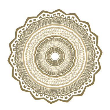 Yunanca süslemeli yuvarlak mandala deseni. Güzel modern model vektör kabilesinin etnik geçmişi. Yunan çember kenarı ve çerçevesi zigzag çiçeğiyle çevrili. Dekoratif doku. Yunan kilit oyuncuları. Element.