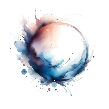 Renkli suluboya lekesi sıçrama lekesi fırça darbeleri daire çerçevesi beyaz arkaplan üzerinde. Modern canlı akvaryum lekesi. Beyazın modaya uygun tasarımı. Element. Vektör suluboya çizimi.
