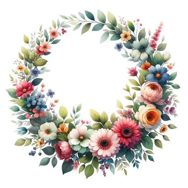 Suluboya çiçek çelengi. Renkli çiçek desenli boyanmış. Çiçek çelengi. Beyaz arka planda renkli yuvarlak çiçek çerçeveli süsler. İzole edilmiş sanatsal desenli tasarım. Dallar, yapraklar.