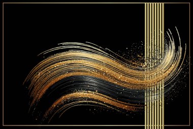 Altın parıltılı, parlak fırça darbeleri, çizgili, altın çerçeveli. Lorem ipsum. Süslü siyah arka plan. Sanatsal dekoratif fırça darbesi. Tebrik kartları için lüks tasarım. Parıltılı Grunge dokusu