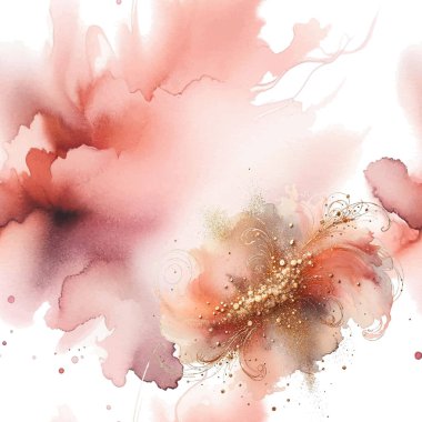 Suluboya el pembe sıçrayan sıçrayan sıçrayan leke fırça darbelerini çiçeklerle ve altın parıltılı desenlerle çizdi. Modern sanatsal grungy akvaryum noktası. Element. Vektör suluboya çizimi.
