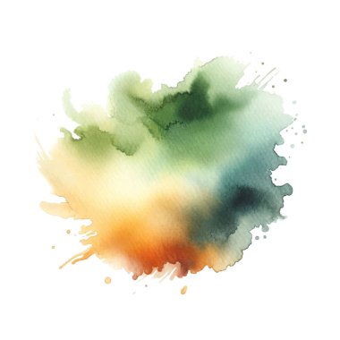 El çizimi yeşil turuncu suluboya sıçrama lekesi fırça darbeleri deseni. Modern renkli sanatsal grungy akvaryum noktası. Moda izole tasarım. Element. Vektör suluboya çizimi.