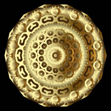 3D altın rengi Yunan tarzı, klasik, yuvarlak mandala desenli. Süslü vektör arka planı. Süslü çiçek mandala. Lüks modern dekoratif süsler. Yunan kilit oyuncuları. Güzel desenli yüzey dokusu.