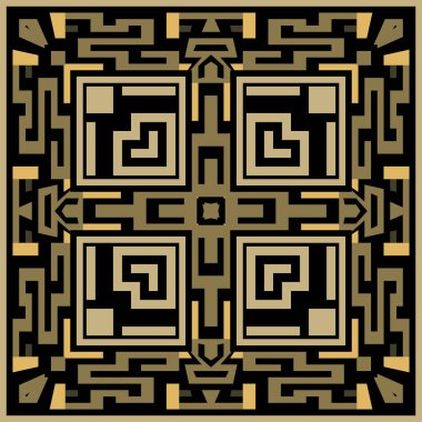 Altın Yunan tarzı kare çerçeve, Yunan anahtarlarıyla sınırsız desen. Çerçeveler, sınırlar, işaretler ve sembollerle vektör arkaplan illüstrasyonu. Modern kabile sonsuz süslemeleri.