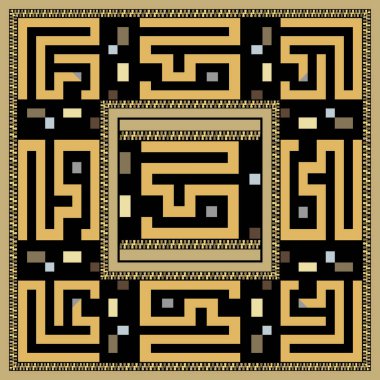 Yunan tarzı kare kare, altın çerçeve, fermuar, çizgiler, siyah arka planda Yunan anahtarına sahip pürüzsüz desenler. Vektör kabile etnik dekoratif soyut altın kenarlar süsleri.