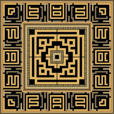 Altın Yunan tarzı kare çerçeve, altın ipli, fermuarlı, Yunan anahtarlı, sınırsız desen. Kare çerçeveler, sınırlar, işaretler, semboller, şekiller, çizgiler ile vektör arkaplan illüstrasyonu.