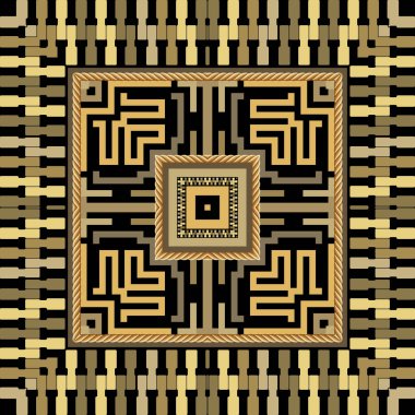 Altın Yunan tarzı kare çerçeve, altın ipli, fermuarlı, Yunan anahtarlı, sınırsız desen. Kare çerçeveler, sınırlar, işaretler, semboller, şekiller, çizgiler ile vektör arkaplan illüstrasyonu.
