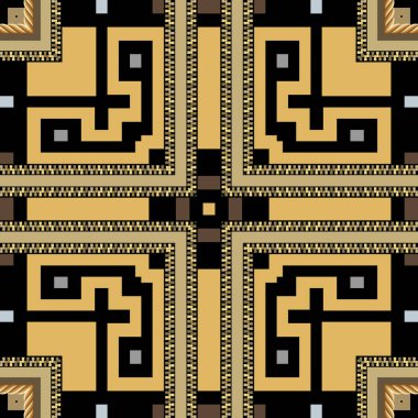 Altın Yunan tarzı ekose kare çerçeve, altın ipli sınırsız desen, fermuar, Yunan anahtarı. Kabile etnik süslemeleri olan vektör arkaplan çizimi. Sonsuz doku.