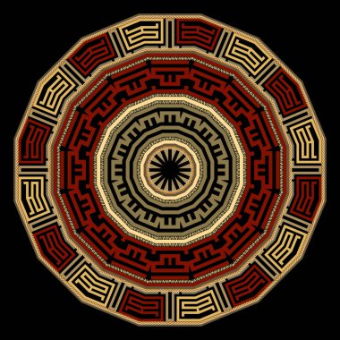 Güzel, lüks, yuvarlak, siyah arka planda altın ipler ve fermuar çerçeveli mandala desenleri olan Yunan anahtarı. Süslü çember Yunan tarzı kırmızı altın süsler. Yunan sınırları, çerçeveleri.