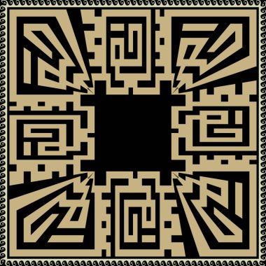 Yunan tarzı kare kare altın çerçeve, dalgalar, çizgiler, siyah arkaplanda Yunan kilit noktalarına sahip pürüzsüz desenler. Vektör kabile dekoratif soyut altın çerçeve süslemeleri.
