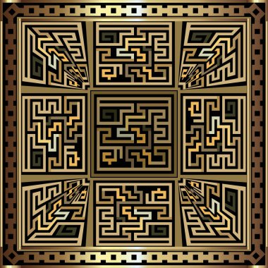 Yunan anahtarı, zincir çerçeveli altın pürüzsüz desen çiziyor. Eski Yunan sembolleri, tabelalar, kare çerçeveler, sınırlar, modern geometrik vektör arka planı ve tekrar eden kabile altın süslemeleri.