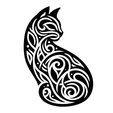 Güzel siyah beyaz süslemeli kedi deseni. Modern vektör beyaz arka plan ve desenli siyah kedi. Karmaşık eski süsler. Dekoratif dekoratif izole edilmiş hayvan tasarımı. Logo. Element.