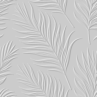 desenli çiçek desenli palmiye yaprakları 3 boyutlu pürüzsüz desen bırakır. Tropikal rahatlama. Kabartmalı beyaz arka planı tekrarla. Yüzey yaprakları, dallar. Kabartma efektli üç boyutlu sonsuz yapraklı süs..