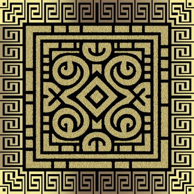 Desenli altın noktalı noktalı pırıltılı, dikişsiz desenli, Yunan kare çerçeveli kenar. Süslü antik Yunan anahtarı grunge vektör arka planı. Lüks altın süsler. Bitmek bilmeyen iğrenç bir doku..