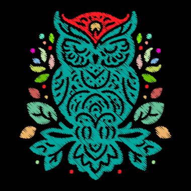 Dokulu nakış stili. Çiçekler ve yapraklarla süslü baykuş deseni çiziyor. Renkli vektör dekoratif arka plan. Etnik tarzda desenli kapaklı, çizgili goblen baykuşu. Grunge dokusu.