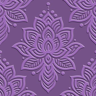 Hint etnik 3D kabartması kumaş, duvar kağıtları ve parmak izleri için kusursuz çiçek deseni. Vektör kabartmalı kabartmalı mor renkli arka plan. Çizgili Hint süslemeleri çiçekler, yapraklar. Grunge 3d dokusu.