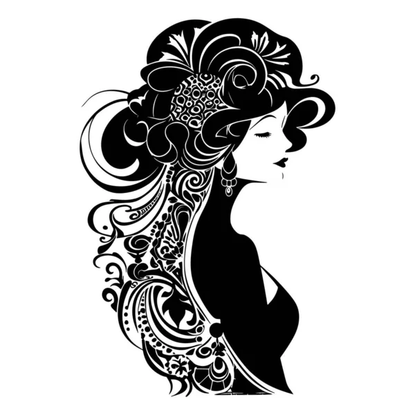 Woman Face Silhouette Hat Floral Hair Art Nouveau Style Face — Stock Vector