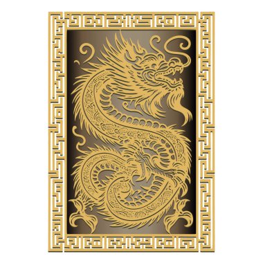 Çin geleneksel altın süs ejderhası ve dikdörtgen çerçeveli lüks Asya tarzı desenler. Mutlu Çin Yeni Yılı 2024 Zodiac tabelası, Ejderha Yılı. Beyaz üzerine izole vektör tasarımı.