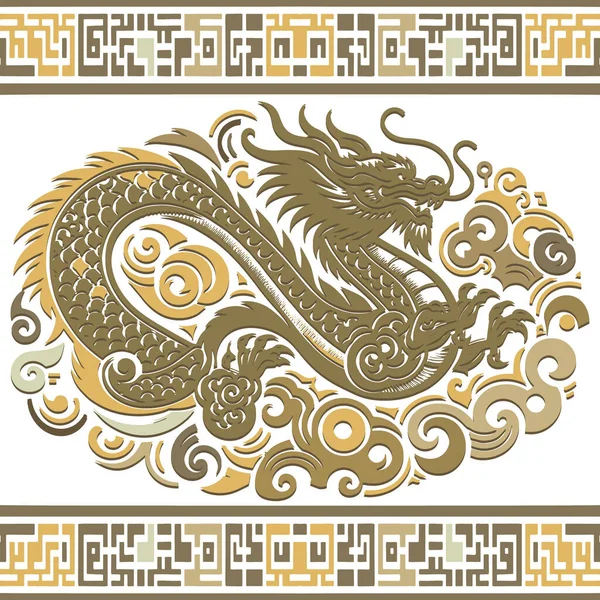 Luxury Chinese Traditional Gold Ornamental Dragon Pattern Meanders Borders Frames — Stock Vector