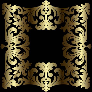 3D Altın Barok süslemeli, çiçekli kare çerçeve, sınırsız desenli. Element. Antik Viktorya dönemi Barok tarzı çiçek süsleri. Kartlar, fayans, kumaş, baskı ve iç mekan için dekoratif tasarım.