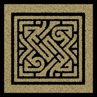 3D desenli altın noktalar, çerçeveli antik Yunan kare desenli noktalar. Süslü Yunan anahtarı grunge vektör arka planı. Lüks altın artodoks süsler. Sert, kirli noktalar dokusu.