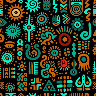 Kabile Afrikalı etnik el karalama sembolleri ve işaretler çizdi. Sembolleri olan modaya uygun Afrikalı vektör arka planı. Rengarenk tasarım. Geometrik şekiller, karalamalar, spiral, gözler çiziyor