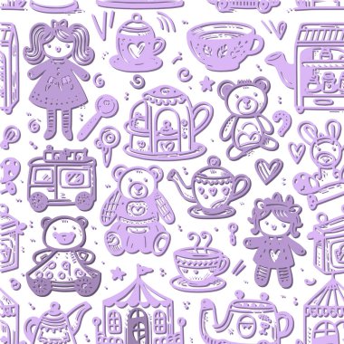 Renkli karalama çizgileri, kızlar, bebeğim ve çocuklar için farklı eğlenceli oyuncaklar içeren kusursuz desenler çiziyor. Çizim oyuncakları, bebekler, çay setleri, oyun evleri, ayılar ile vektör süslemeli karikatür arka planı.