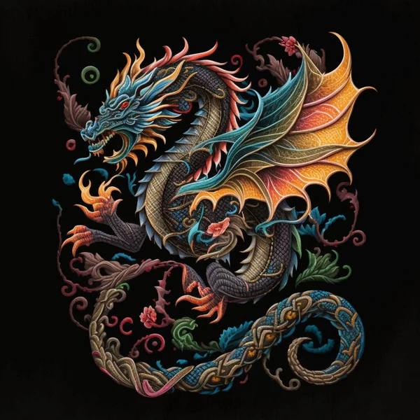 Стиль Вышивки Текстурированный Яркий Векторный Китайский Рисунок Дракона Фон Иллюстрации Лицензионные Стоковые Иллюстрации