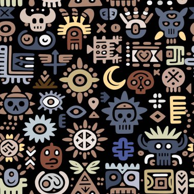 Kabile Meksikalı Afrikalı etnik el karalama sembolleri ve pürüzsüz işaretler çizdi. Sembolleri olan modaya uygun bir vektör arkaplanı. Rengarenk tasarım. Geometrik şekiller, çizgiler çiziliyor.
