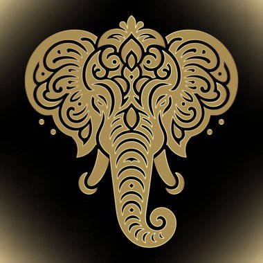 Güzel altın çizgiler süslemeli fil kafası deseni. Model filli modern ışıltı vektör arka planı. Hint tarzı etnik süsler. Gösterişli, izole edilmiş tasarım. Logo. Element. Dövme.