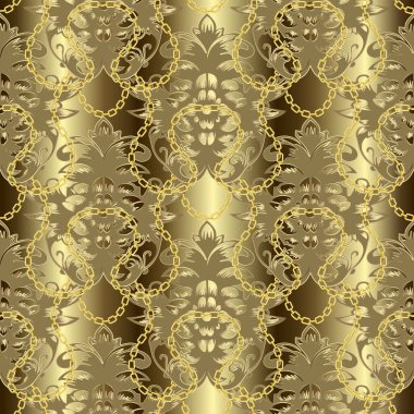 Altın rengi Barok tarzı, zincirli 3D dikişsiz çiçek deseni. Süslü altın gradyan vektör arka planı. Antika Barok tarzı lüks kraliyet süslemeleri. Modern tekrarlama dekoratif arkaplan.