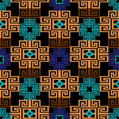 Süslü geometrik Yunan stili kusursuz desen çizer. Moda vektör arkaplanı. Renkli arkaplanı tekrarla. Yunan kilit kolları siyah arkaplanda süslenir. Dekoratif desenli soyut tasarım.