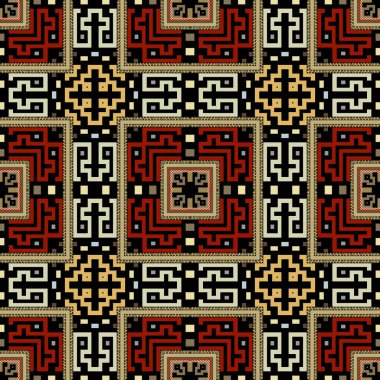 Kare çerçeveler, sınırlar, fermuarlar, ipler ile damalı süslemeli Yunan tarzı süslemeli etnik desenler. Yunan kilit kavşakları modern arka plan vektörü. Renkli tekrarlanan moda süslemeleri.