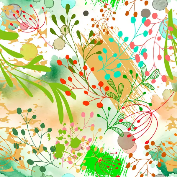 Watercolor Mão Desenhada Floral Colorido Primavera Verão Sem Costura Padrão Ilustração De Stock