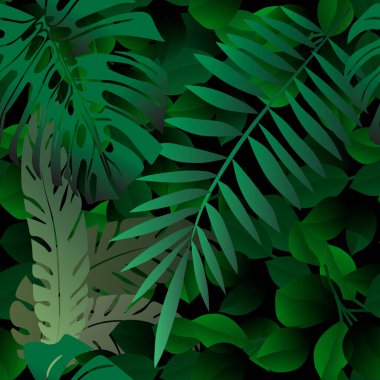 Palmiye yaprakları tropikal el çizgileri yeşil ve pürüzsüz desen. Vektör süsleme arka planı. Yapraklı güzel, canavar, palmiye yaprağı ve dallarla çizilmiş modern süslemeleri tekrarlıyor. Sonsuz doku.