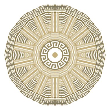 Beyaz arka planda kabilenin altın rengi mandala deseni etrafında çılgın turlar. Çerçeveli, kenarlı, radyal dekoratif çember vektör mandala tasarımı. İzole edilmiş. Dekorasyon dokusu.